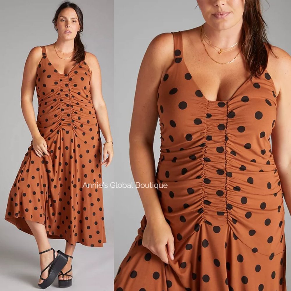 RARE NWT ANTHROPOLOGIE Maeve Ruched Polka Dot Midi Dress. Size L - Picture 10 of 16